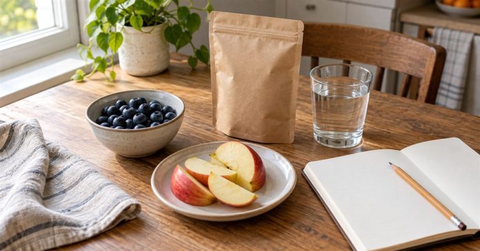 Food choices and supplement claims Blueberries, sliced apple, a plain food pouch, water and a notebook on a kitchen table