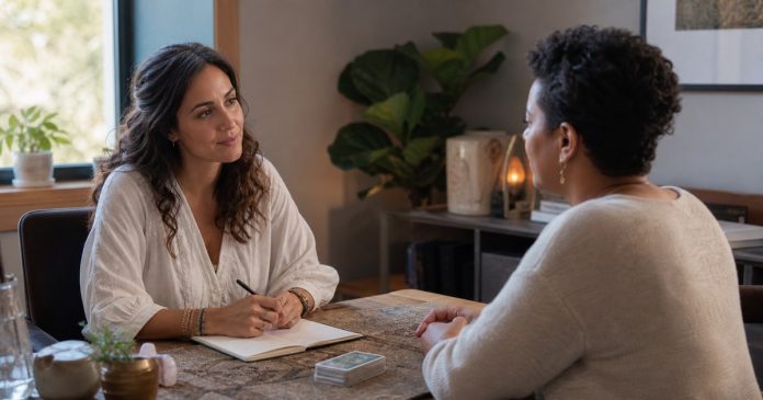 Mediumship Etiquette: Respect, Consent, and Clear Boundaries Mediumship practitioner and client speaking respectfully in a calm private room