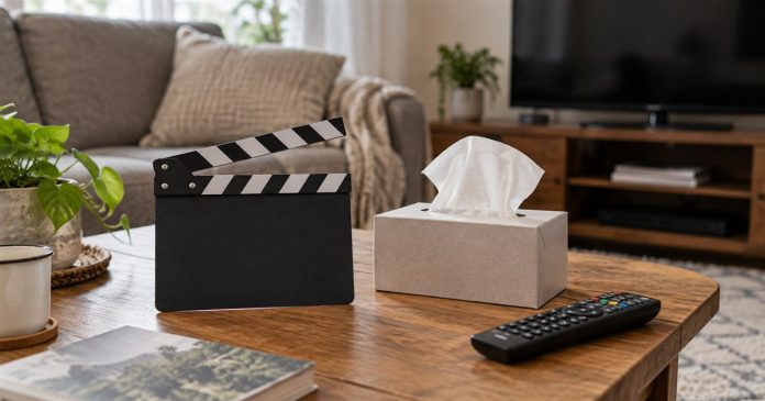 Nosebleeds: fiction and health Blank film clapperboard, tissue box and television remote on a living-room table