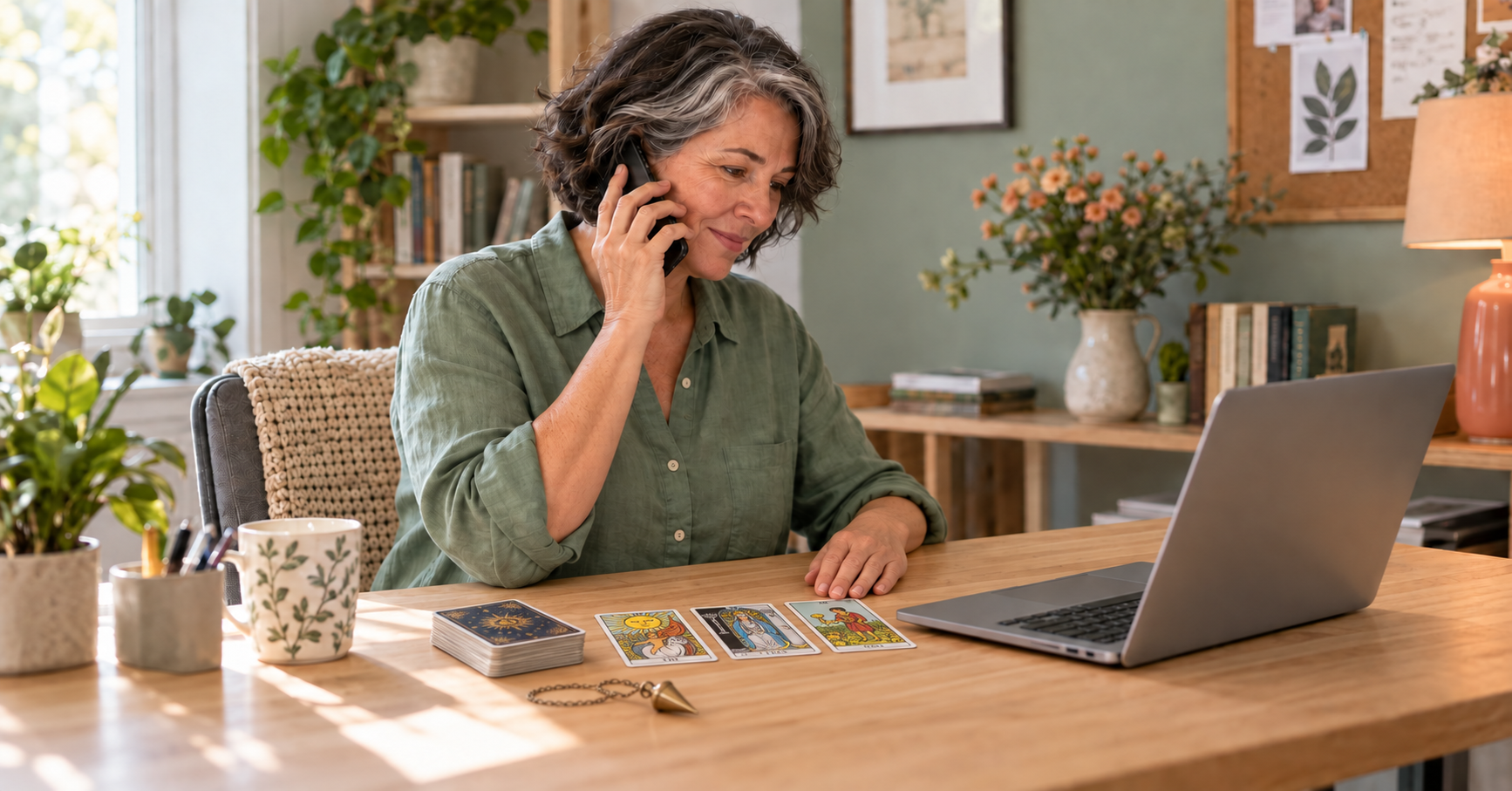 Woman holding a phone beside tarot cards, a pendulum and an open laptop at a home desk.