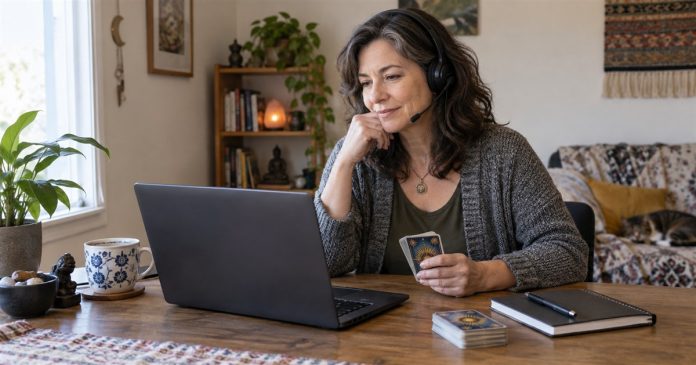 Psychic reader working from a modest home workspace Illustrative home workspace with a woman using a laptop, headset and cards at a wooden desk