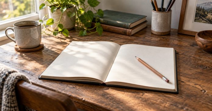 Reflection at a home desk Open blank notebook and pencil on a wooden home desk in natural window light