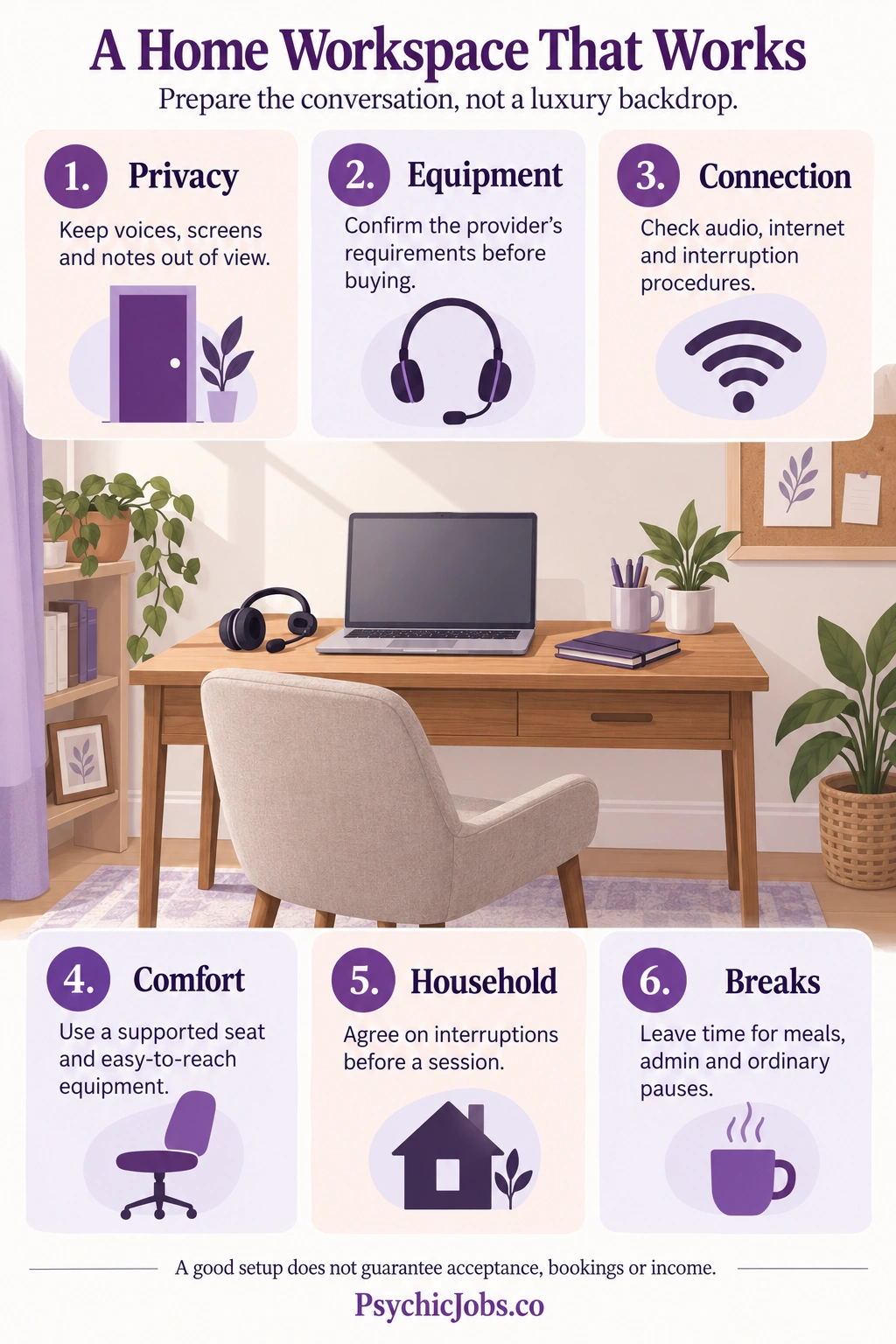 A Home Workspace That Works: Privacy, Equipment, Connection, Comfort, Household, Breaks.