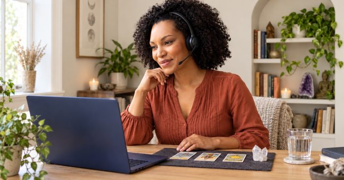 A psychic reader in a terracotta blouse and headset beside tarot cards and a laptop in a warm ivory study.