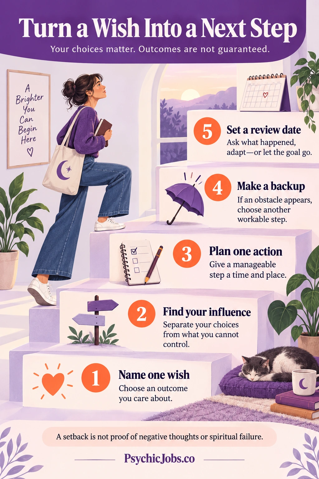Turn a Wish Into a Next Step: Name one wish, Find your influence, Plan one action, Make a backup, Set a review date.